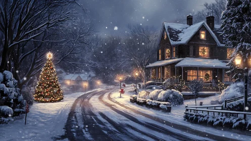Snow-covered residential street with illuminated Christmas décor at dusk