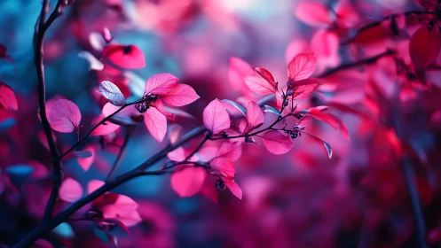 Neon pink foliage glows against cool cyan forest blur.