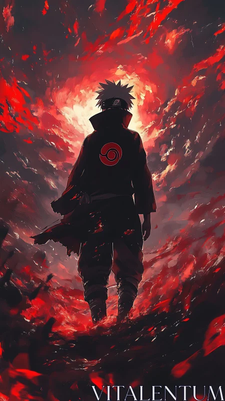 Lone ninja silhouette walks through swirling crimson storm.