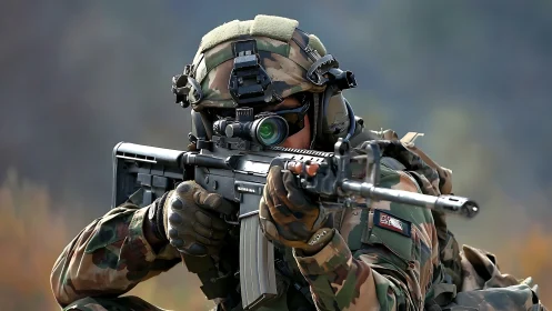 Focused modern soldier aims rifle with calm precision outdoors