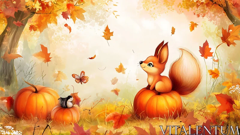 Stylized fox on pumpkins within high-saturation autumn foliage scene