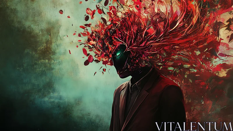 Figure in suit displays fragmented red abstract head form