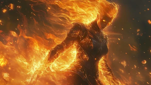 Flameborn guardian strides through a storm of molten light.