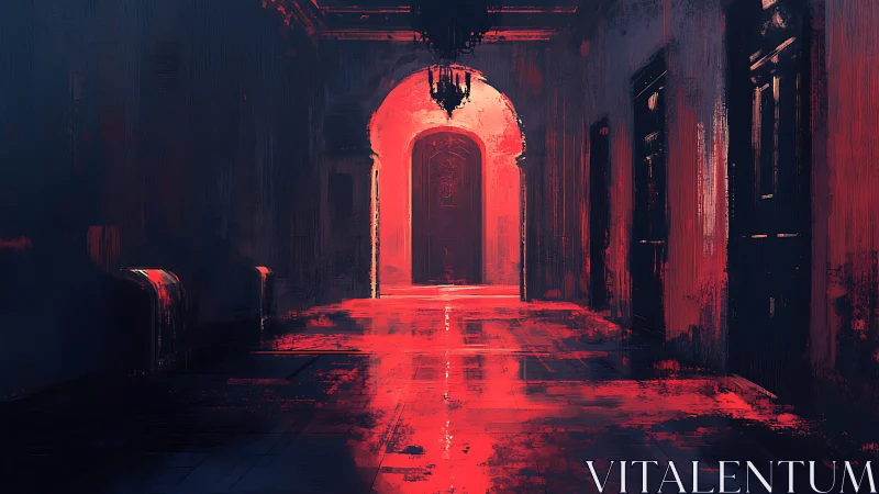 Dim corridor with central doorway in red illumination.