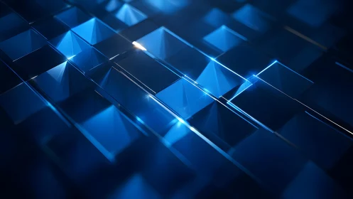 Abstract blue glass cubes with glowing highlights in digital style.