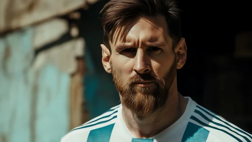 Close-up portrait of bearded footballer in striped jersey outdoors