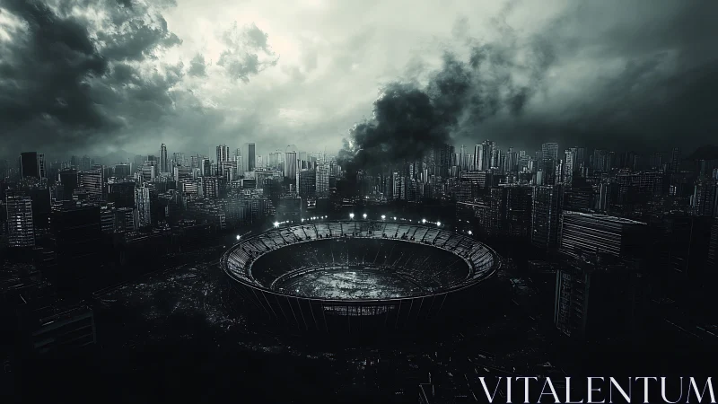 Storm-lit city stadium under moody apocalyptic skies.