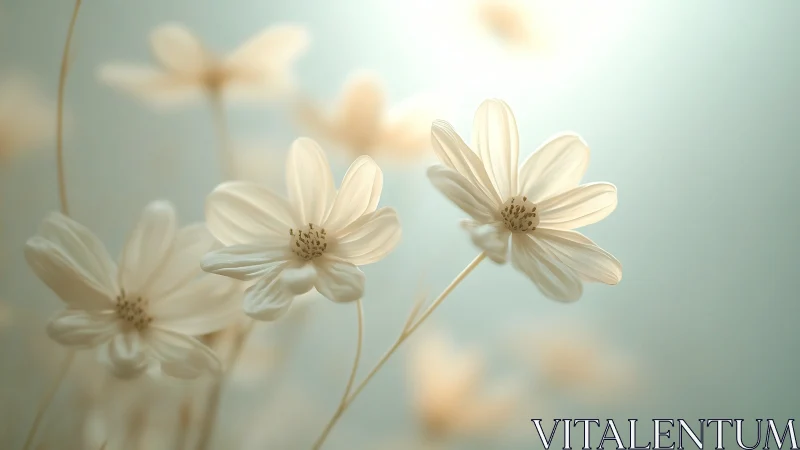 Soft cream cosmos flowers glow against pale teal haze