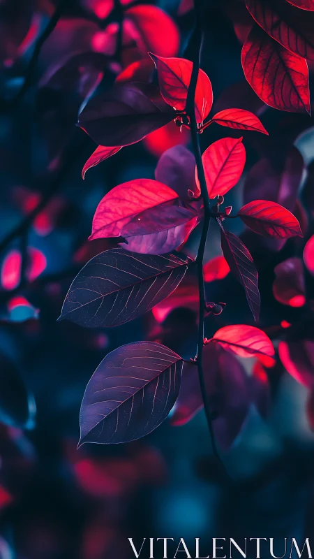 Neon-lit crimson leaves glow softly against deep teal dusk