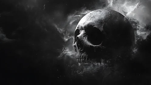 Skull-shaped moon emerges from swirling cosmic darkness.