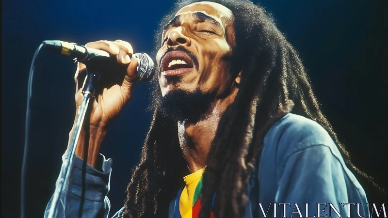 Close-up stage portrait of reggae vocalist in live performance.