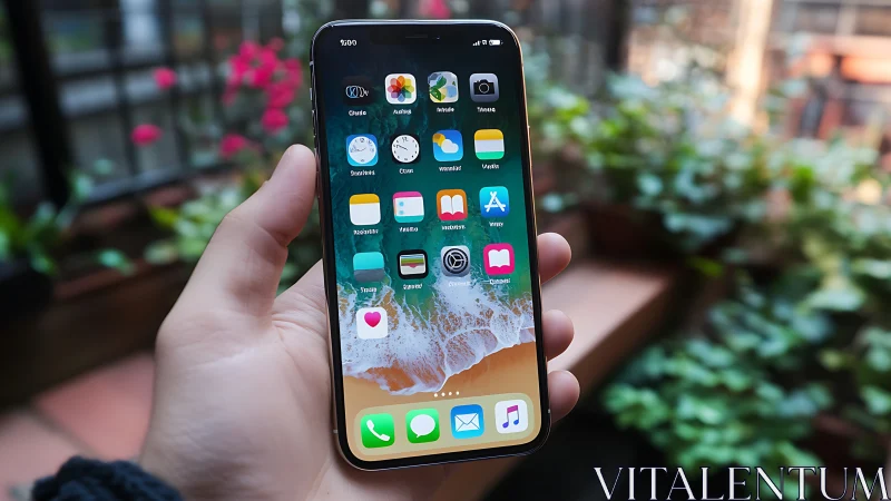 iPhone Home Screen Interface in Urban Garden Setting.