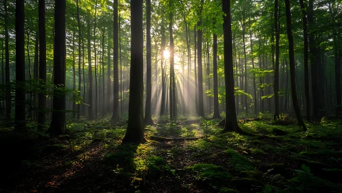 Sunlight streaming through lush green forest in serene morning.