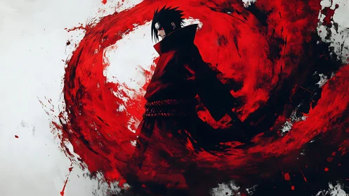 Dark robed warrior in red vortex, dynamic anime silhouette.