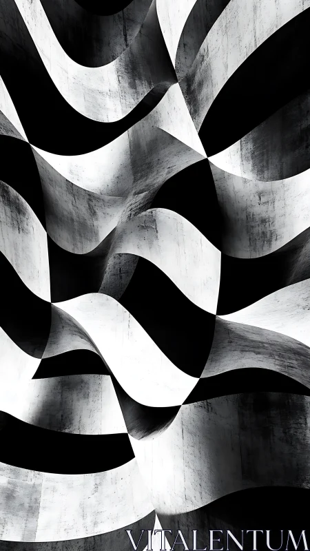 Undulating black and white ribbons carve bold optical depth.