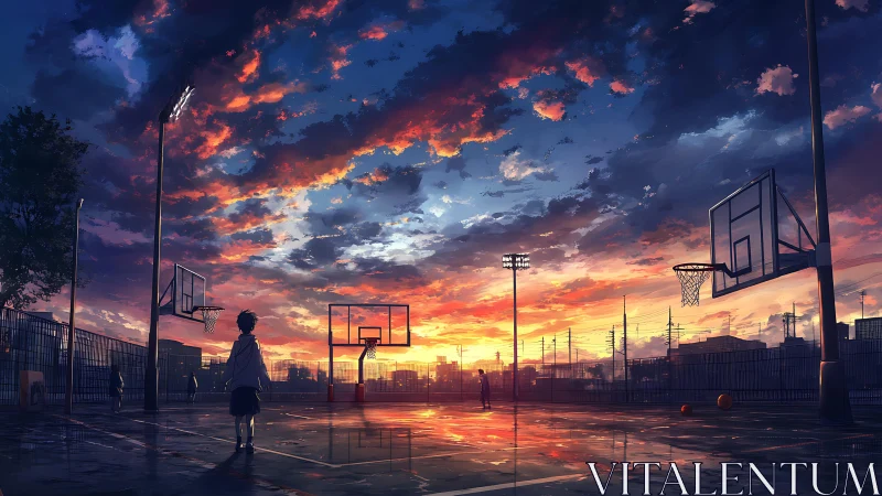 Sunset city basketball court with scattered young players.