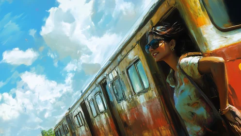Sunlit train escape with joyful traveler in motion panorama.