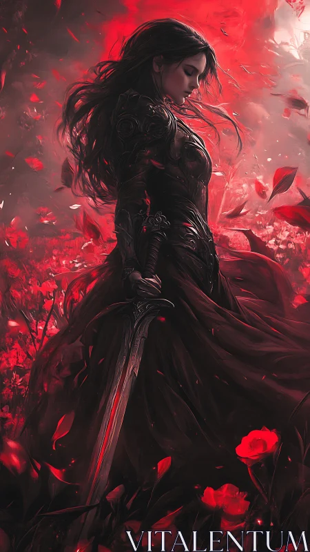 Armored warrior in red poppy field under dynamic petal vortex