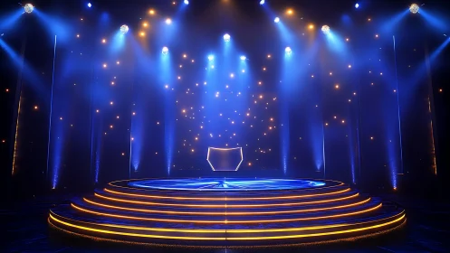 Futuristic circular stage glows under blue and gold spotlights.