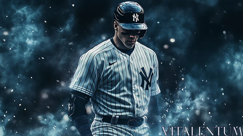 Moody New York batter in pinstripes amid swirling blue haze