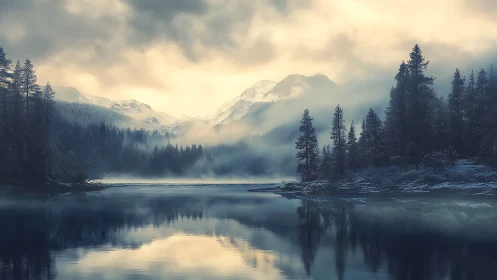 Snow-covered conifer forest surrounds misty mountain lake