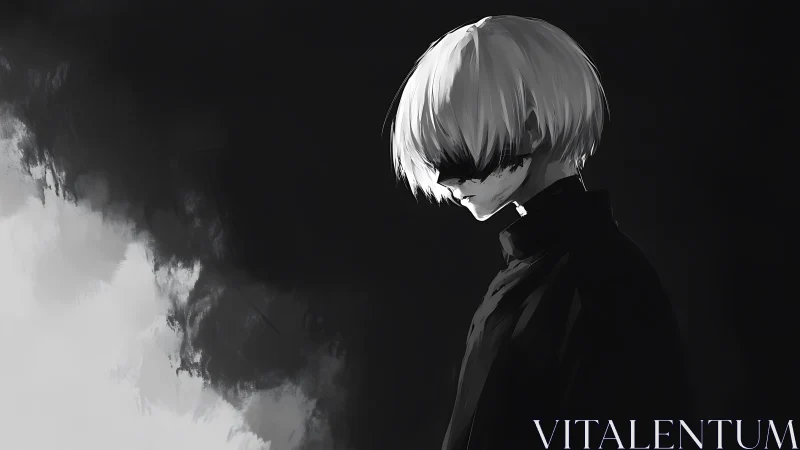 Monochrome anime profile with obscured eyes and stark contrast.