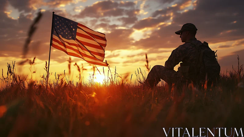 Silhouetted US soldier beside flag in backlit sunset field