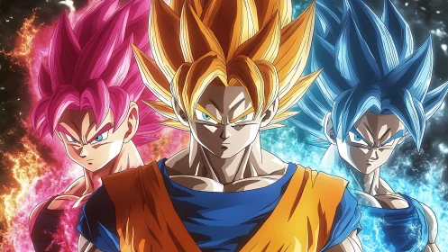 Triadic anime warriors with chromatic elemental energy auras.