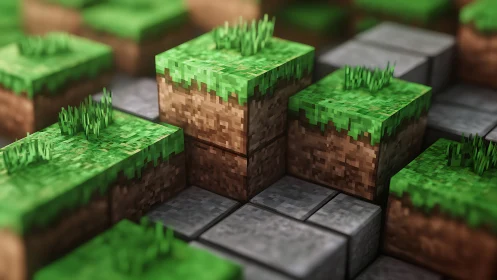 Voxel grass and stone terrain in stylized 3D focus.
