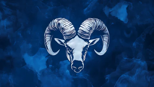Celestial ram skull floats in midnight blue cosmic mist.