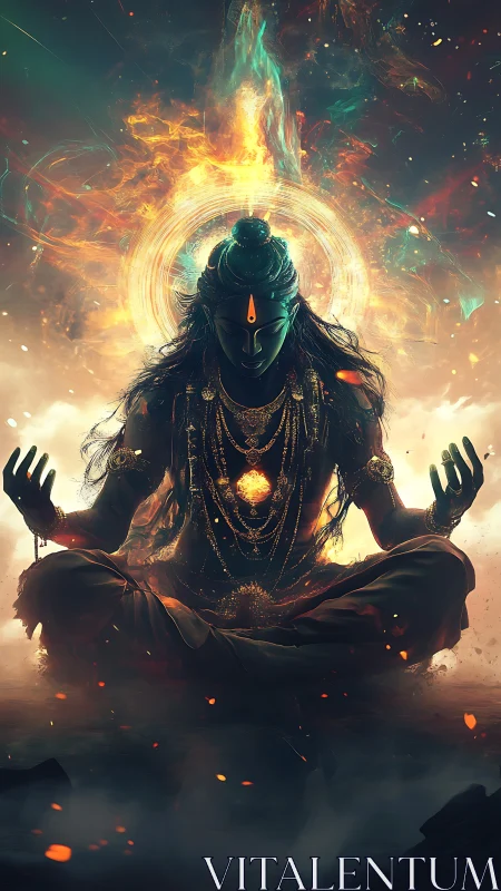 Ember crowned yogi radiating astral calm and cosmic fire.