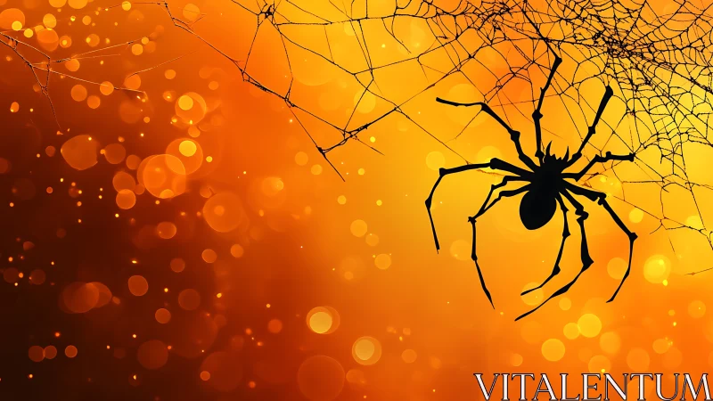 Silhouetted spider hangs on radial web against warm bokeh field