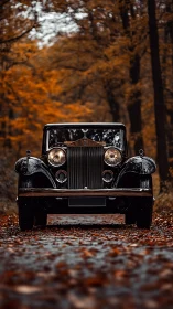 Autumn road crowns a vintage luxury car in quiet splendor.