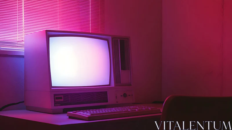 Retro CRT workstation under magenta cyan neon illumination.