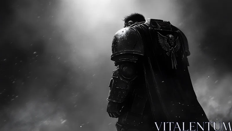 Armored warrior in dark mist with ornate cape emblem.