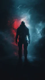 Armored soldier silhouette divides red and blue storm