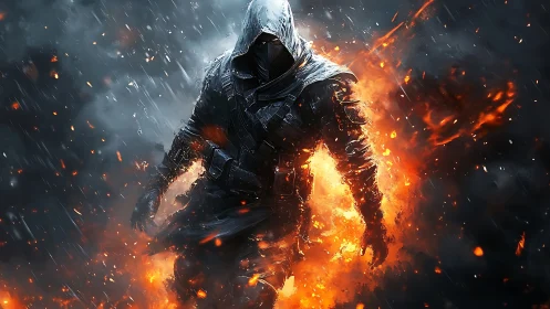 Hooded firewalker strides through storm and shattering embers.