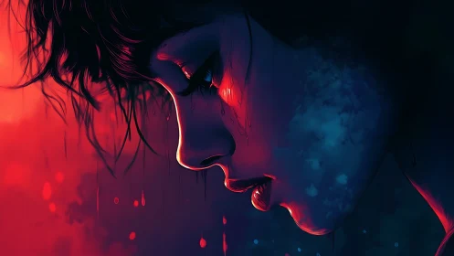 Melancholic profile glows in red blue cinematic contrast.
