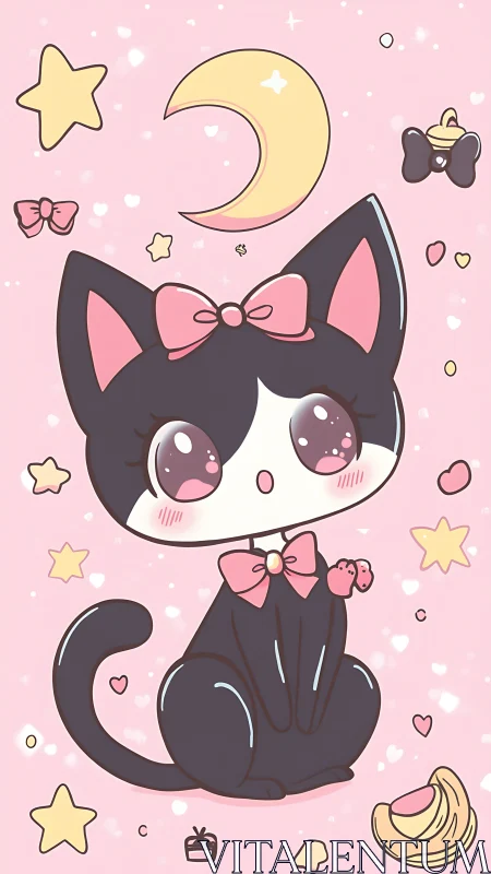 Kawaii black kitten with bows under pastel crescent moon.