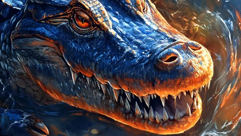 Close-up digital rendering of a blue and orange crocodile head.