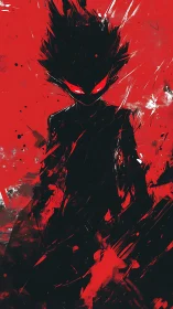 Crimson-shadowed demon silhouette with blazing neon eyes.