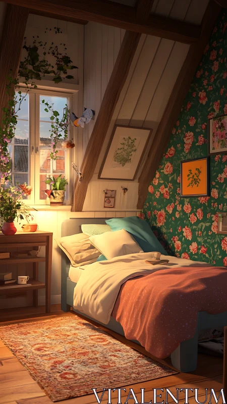Cozy attic bedroom glowing with plants and gentle evening light.
