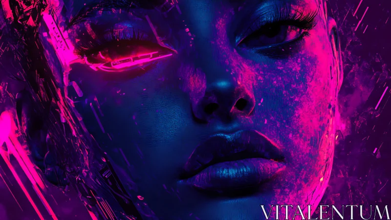 Neon cybernetic portrait with retinal HUD and glitch textures.