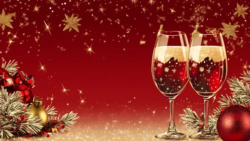 Glasses of champagne stand amid red and gold Christmas decor