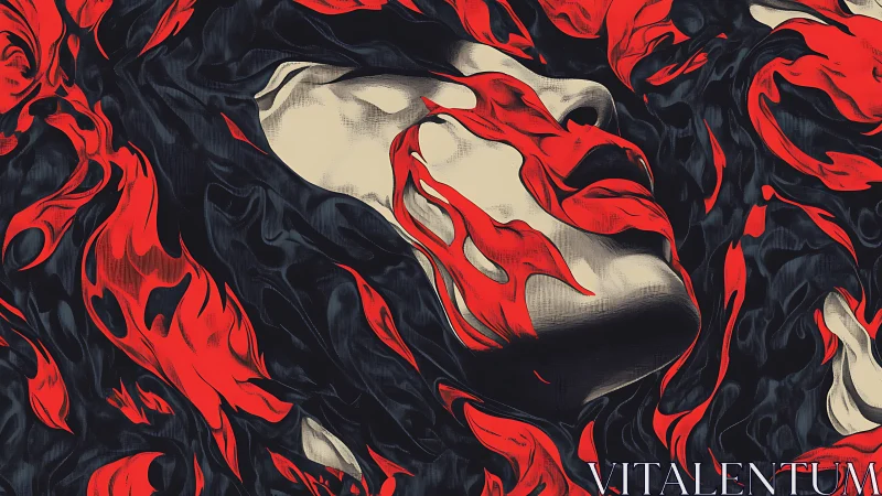 Surreal portrait engulfed in red flame abstractions, digital painting.