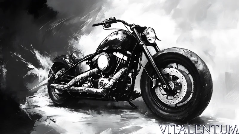 Monochrome low-slung custom cruiser motorcycle in dynamic brushwork