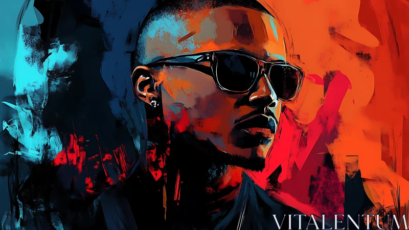 Bold digital portrait of man in sunglasses on neon backdrop.