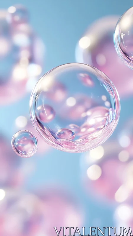 Iridescent soap bubbles float against soft blue backdrop