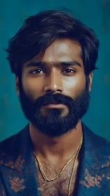 Portrait of bearded man in teal studio with warm lighting.
