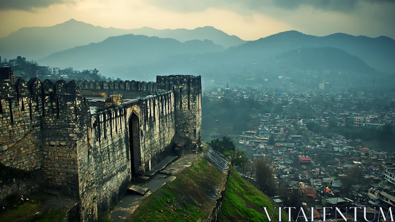 Stone fortress wall overlooks dense city and misty hills